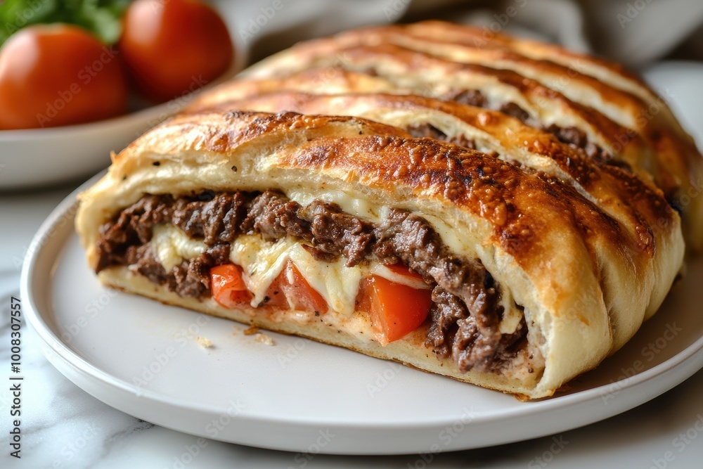 Beef and Tomato Pastry Roll with Melted Cheese. Generative AI. Beef and Tomato Pastry Roll with Melted Cheese. Generative AI.