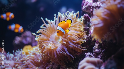 A clownfish swims amongst the tentacles of an anemone.