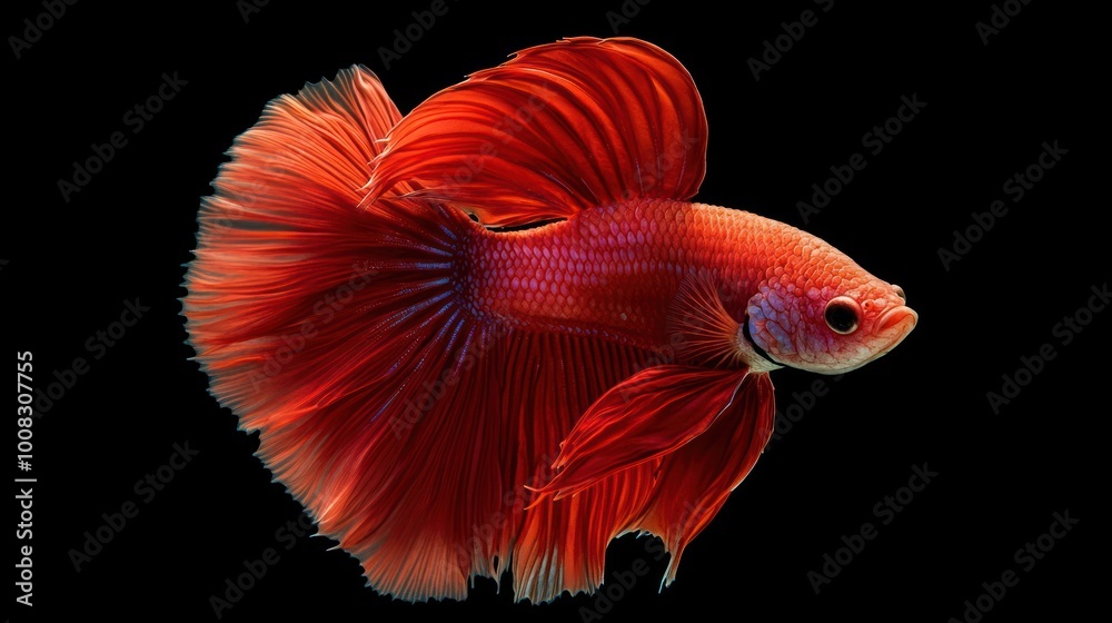 A red Siamese fighting fish with flowing fins swims against a black background. A red Siamese fighting fish with flowing fins swims against a black background.