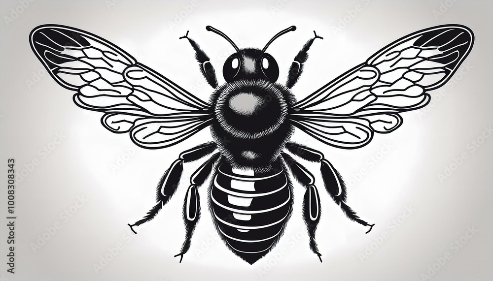 A black and white bee illustration, isolated on a white background. The bee’s silhouette is emphasized by bold, thick lines, giving it a strong visual impact perfect for both print and digital media. A black and white bee illustration, isolated on a white background. The bee’s silhouette is emphasized by bold, thick lines, giving it a strong visual impact perfect for both print and digital media.