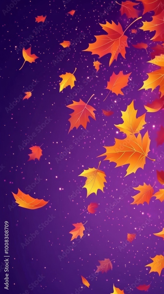 Fototapeta premium Colorful autumn leaves falling gracefully against a deep purple background during the enchanting fall season