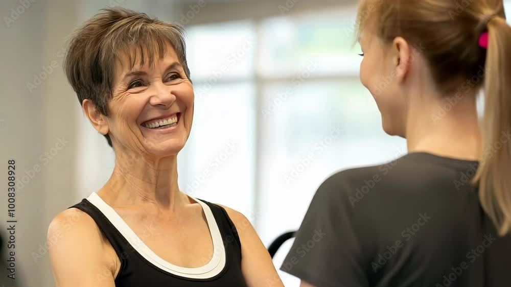 Senior woman smiling during a gym workout with a personal trainer in a fitness center, 4k footage Senior woman smiling during a gym workout with a personal trainer in a fitness center, 4k footage