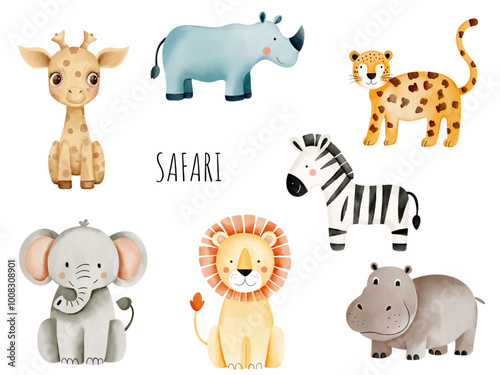 Wild jungle animals. Watercolor african zebra, giraffe, elephant, leopard, lion. Hand drawn safari animals set.