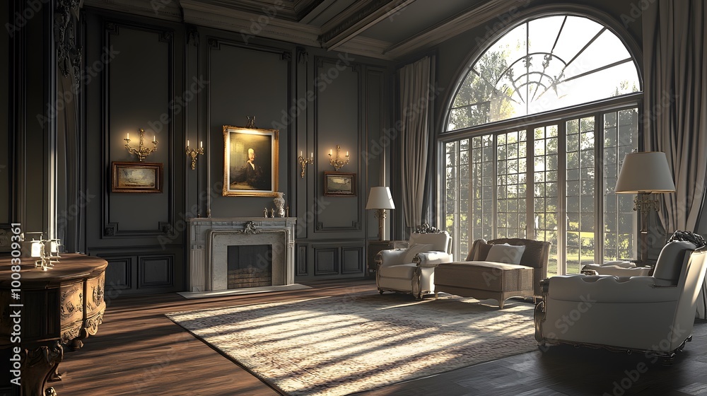 Elegant living room with large windows and classic furnishings. Elegant living room with large windows and classic furnishings.