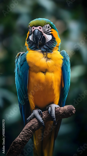 Blue-and-Yellow Macaw Photo - Tropical Bird Perched on Branch
