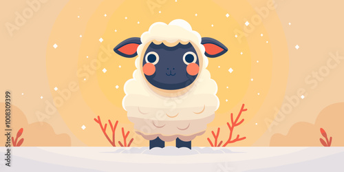 A cartoon sheep is standing on a snowy field. The sheep has a cute face and is looking up at the camera. The image has a playful and whimsical mood, with the sheep being the main focus of the scene