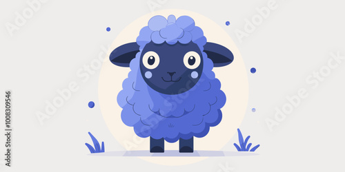 A cartoon sheep with a blue coat and a white background. The sheep is smiling and looking at the camera