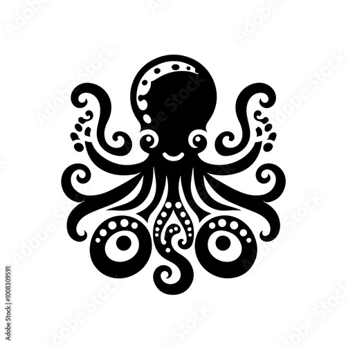 octopus as a simple icon logo mascot black and white, isolated on white background photo