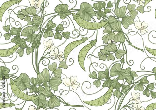 Green peas. Branch with leaves and pods with peas.. Seamless border pattern, linear ornament, ribbon Vector illustration. Outline hand drawing. In art nouveau style, vintage, old, retro style.
