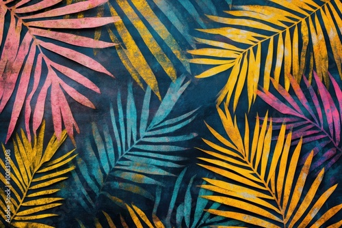 Colorful tropical palm leaf pattern on textured background