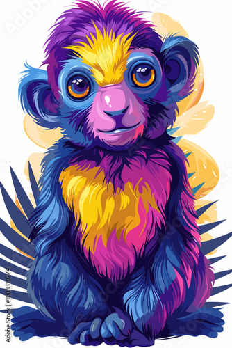 A colorful monkey with a pink nose and yellow and blue fur is sitting on a leaf. The monkey has a bright and cheerful expression, which suggests that it is happy and content. The image is a vibrant