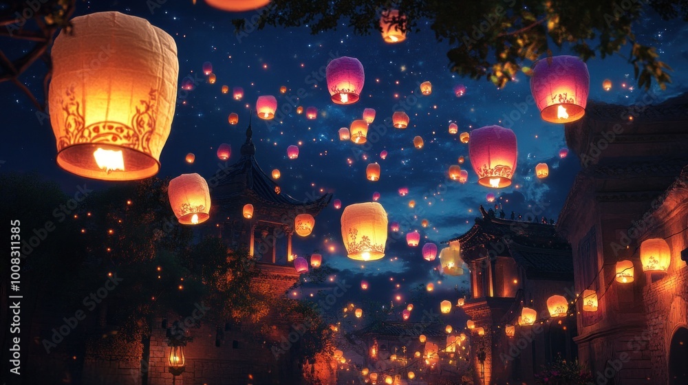 Glowing lanterns float over an ancient town at night, casting a warm glow on the buildings and trees below. Glowing lanterns float over an ancient town at night, casting a warm glow on the buildings and trees below.