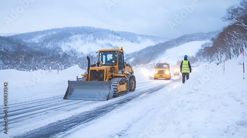 winter snow removal on the road with a bulldozer