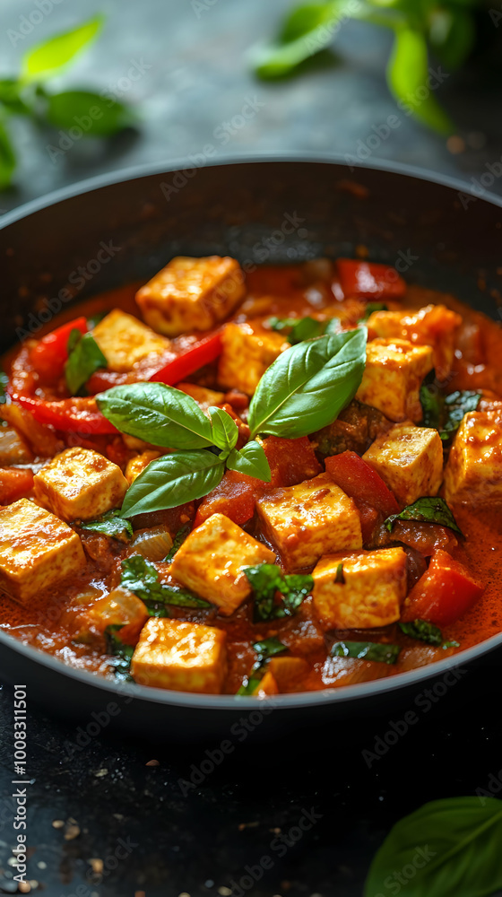Spicy Tofu Curry Photo with Basil and Peppers Spicy Tofu Curry Photo with Basil and Peppers