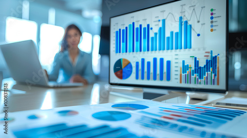 Businesswoman presenting a strategy with statistical icons overlaying her slides in a conference room