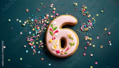 Decorated cookie, number 6, image for birthday or anniversary celebration photo