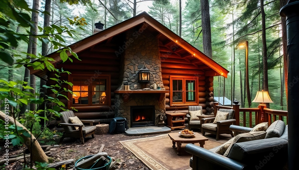 Obraz premium A cozy cabin in the woods featuring warm wooden interiors, a stone fireplace, and soft, ambient lighting. This inviting space exudes comfort and rustic charm, perfect for a peaceful retreat in nature