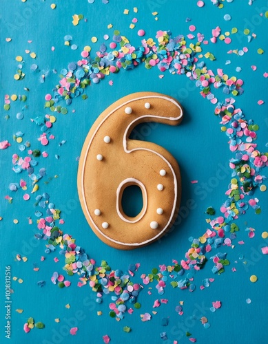 Decorated cookie, number 6, image for birthday or anniversary celebration photo