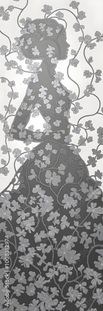 Fototapeta premium A silhouette of a beautiful woman in a white dress on a gray background Generated by AI