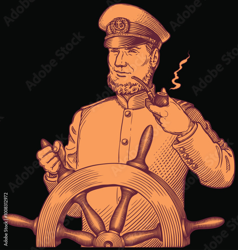 Captain at the helm. Editable hand drawn illustration. Vector vintage engraving. Isolated on black background. 8 EPS