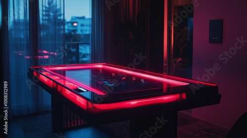 RGB-lit gaming table in a dimly lit room, a clear window visible, soft light creating a cozy gaming atmosphere