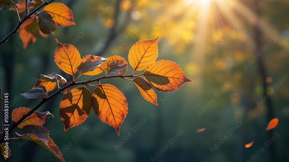 Autumn leaves on a branch in the rays of the sun generated by AI Autumn leaves on a branch in the rays of the sun generated by AI