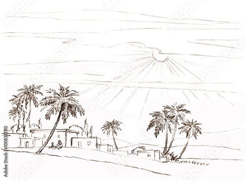 Pencil drawing. Village on the river