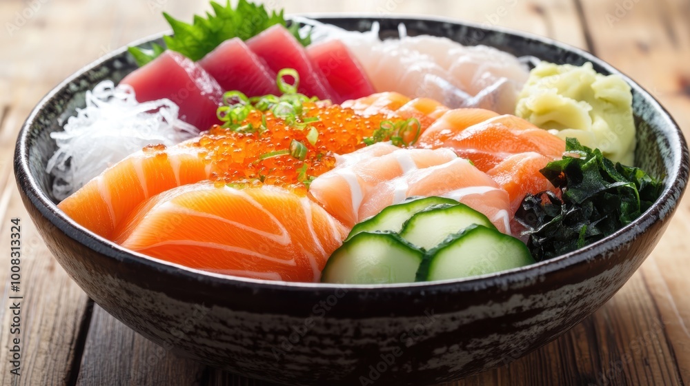 Fresh sashimi platter with salmon, tuna, roe on wooden table Fresh sashimi platter with salmon, tuna, roe on wooden table
