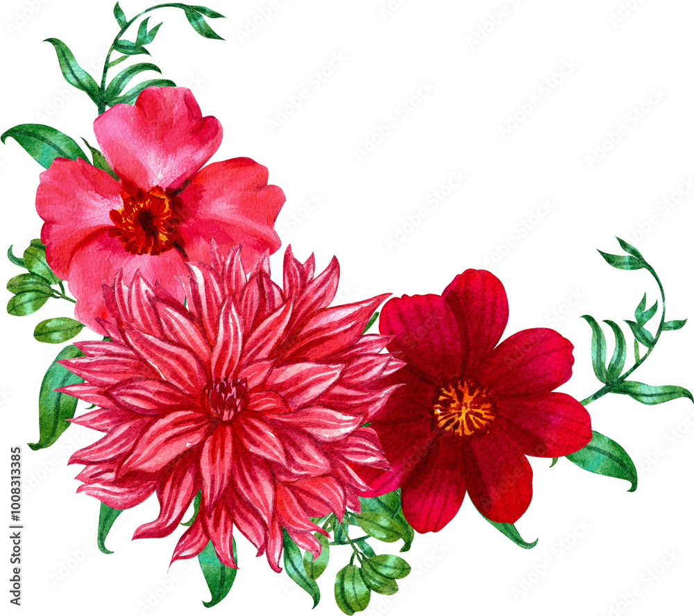 Dahlia flower,red flowers bouquet, watercolor painting hand-drawn Dahlia flower,red flowers bouquet, watercolor painting hand-drawn