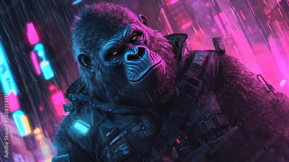 Obraz premium A gorilla in a futuristic setting with glowing neon lights and a serious expression.