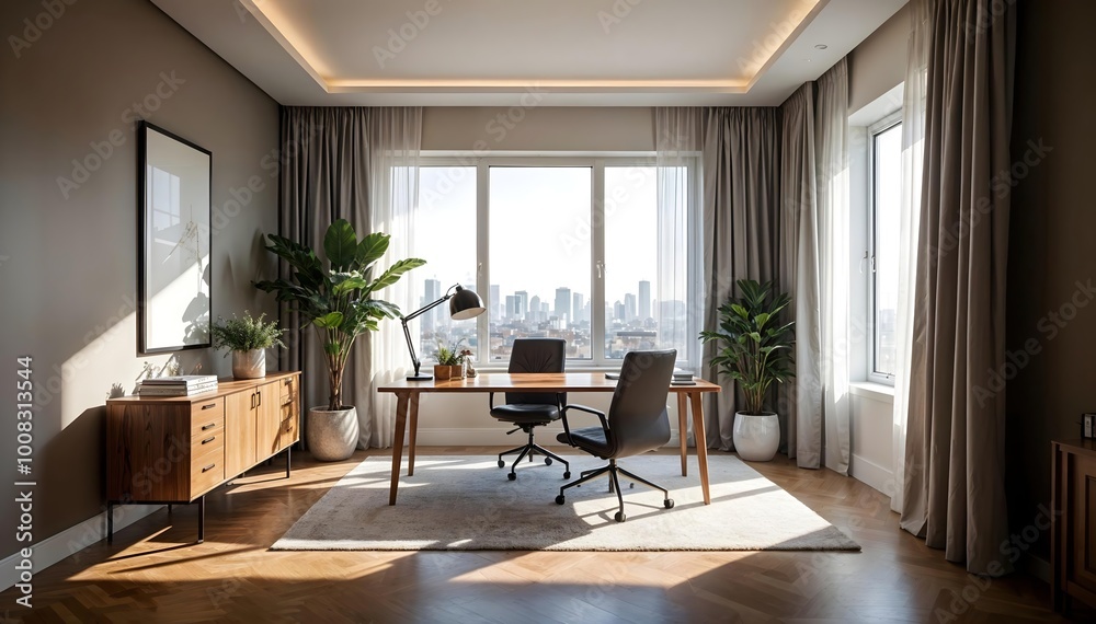 A stylish home office with a large desk, modern decor, and a window offering a view of the city A stylish home office with a large desk, modern decor, and a window offering a view of the city