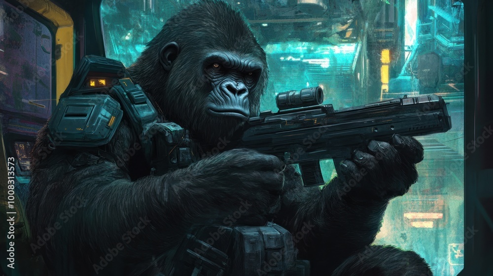 A gorilla wearing futuristic armor holds a rifle in a futuristic setting. A gorilla wearing futuristic armor holds a rifle in a futuristic setting.