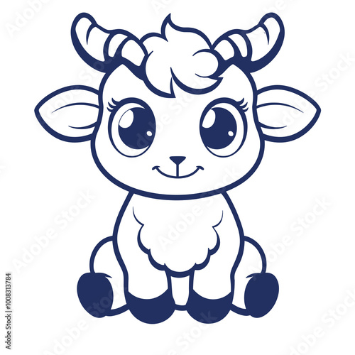 A cute goat with horns and a smile. The goat is sitting on a white background. The goat is smiling and looking at the camera