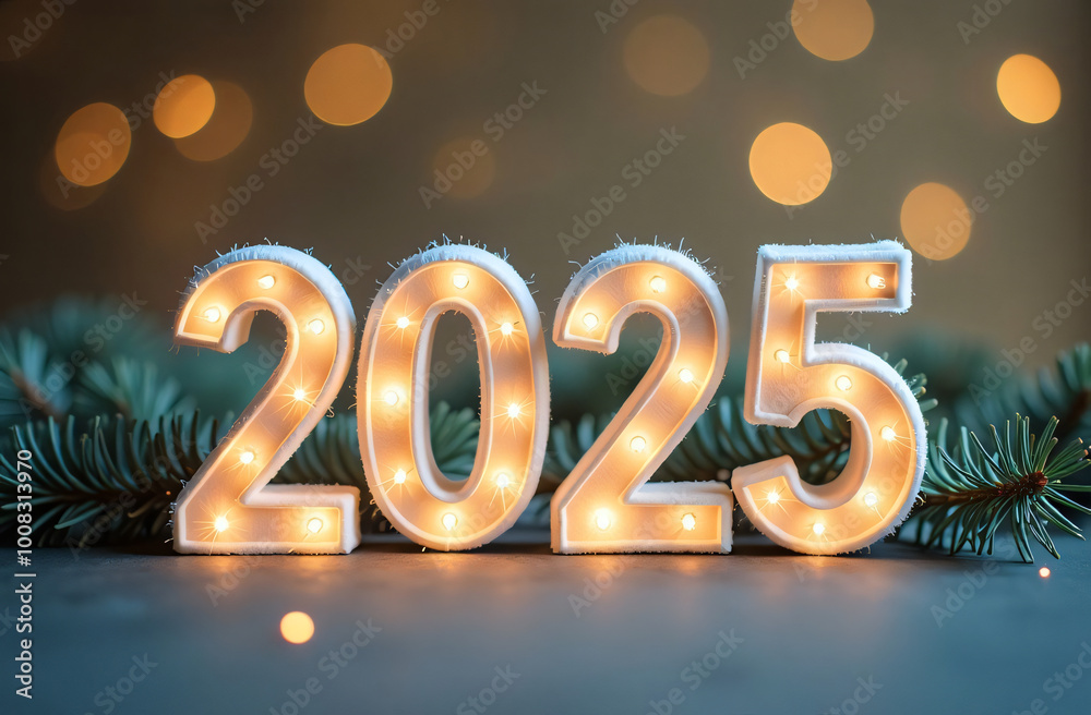 Glowing backlit numbers 2025 on a blurred background with bokeh lights with pine branches. Happy New Year. Festive horizontal banner, card. Glowing backlit numbers 2025 on a blurred background with bokeh lights with pine branches. Happy New Year. Festive horizontal banner, card.