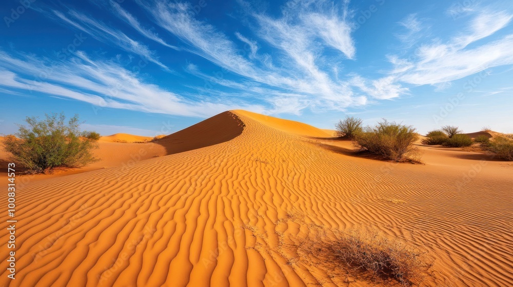 Naklejka premium Orange sand dunes with blue sky and white clouds in a desert landscape.