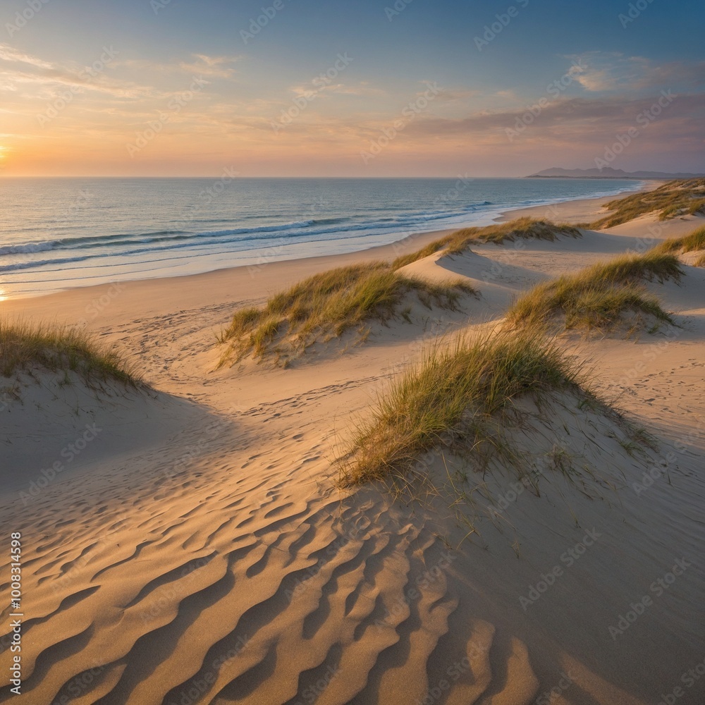 Create a breathtaking panorama landscape showcasing a vast system of sand dunes along a tranquil beach at sunrise. Create a breathtaking panorama landscape showcasing a vast system of sand dunes along a tranquil beach at sunrise.