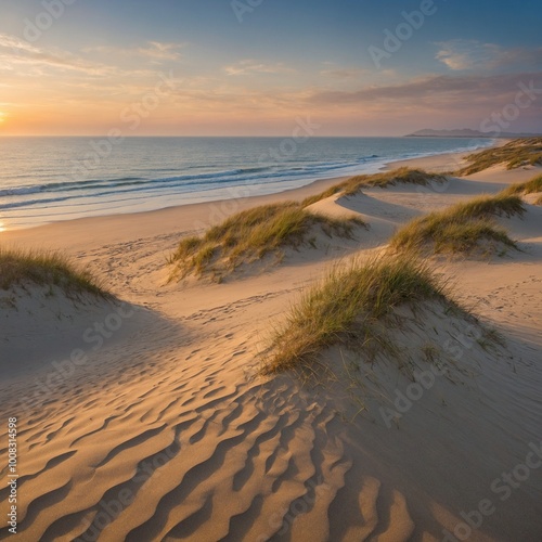 Create a breathtaking panorama landscape showcasing a vast system of sand dunes along a tranquil beach at sunrise.  photo