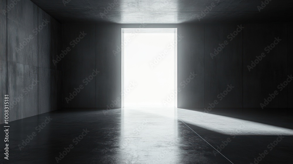 Light shines through a doorway in a dark room with a concrete floor. Light shines through a doorway in a dark room with a concrete floor.