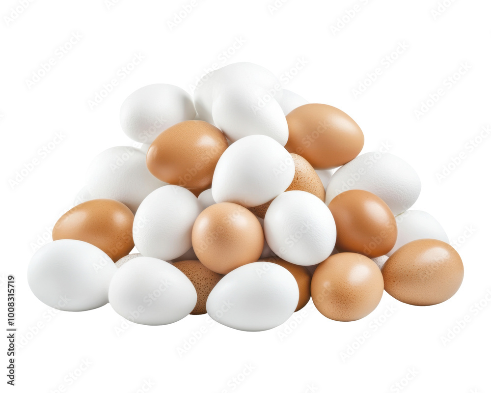 A pile of white and brown eggs arranged together. A pile of white and brown eggs arranged together.