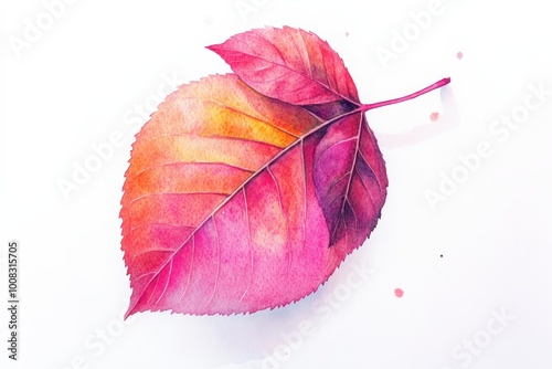 Vibrant watercolor autumn leaf on white background