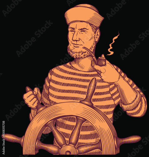Sailor at the helm. Editable hand drawn illustration. Vector vintage engraving. Isolated on black background. 8 EPS