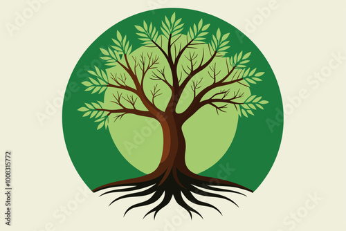 Tree and Roots Vector, tree with Round Shape with White Background
