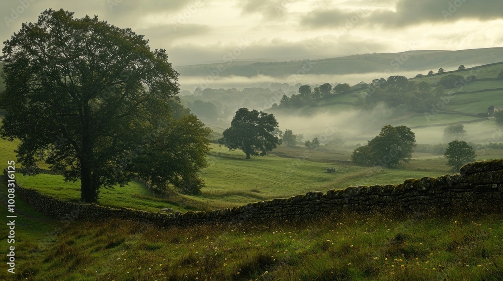 Fototapeta premium A misty morning in the English countryside, with rolling green hills, a stone wall, and a single tree in the foreground.
