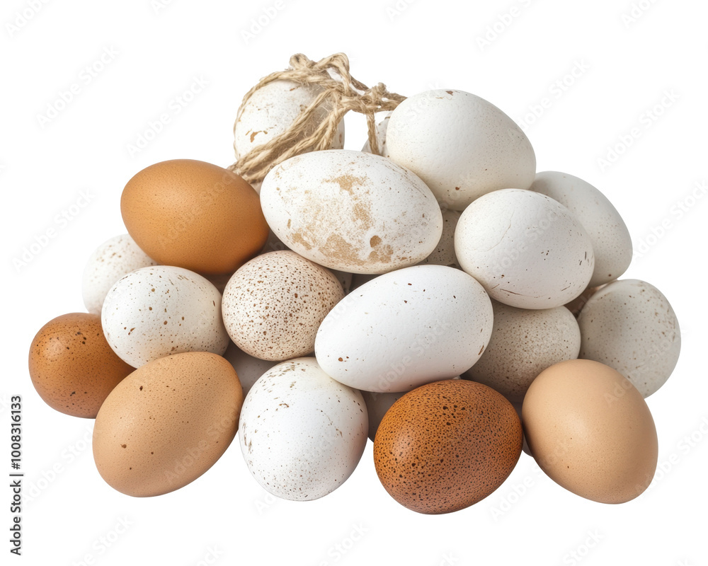 A pile of various eggs, showcasing different colors and textures, tied with twine. A pile of various eggs, showcasing different colors and textures, tied with twine.