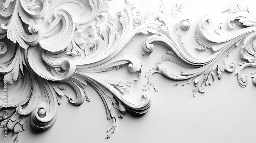 Intricate white ornamental design with flowing patterns and textures. Intricate white ornamental design with flowing patterns and textures.