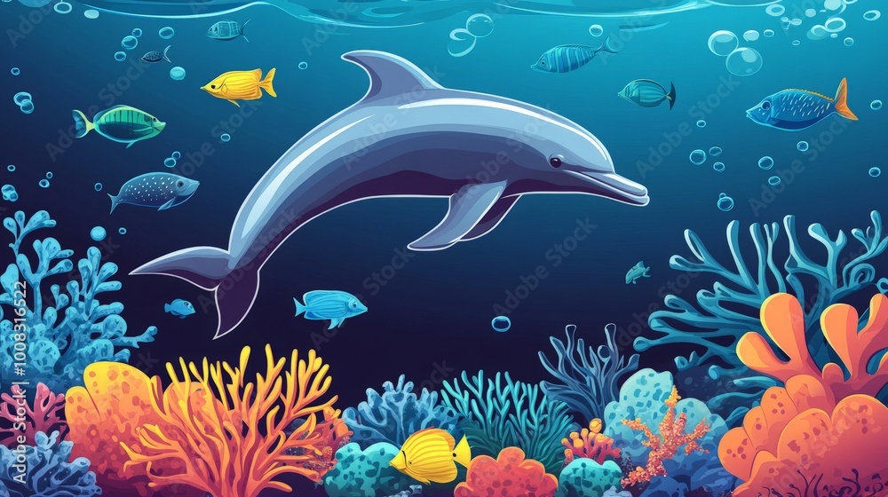 A dolphin leaps through a vibrant coral reef. A dolphin leaps through a vibrant coral reef.
