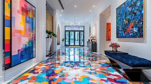 A luxury foyer with a colorful terrazzo floor and a statement art piece