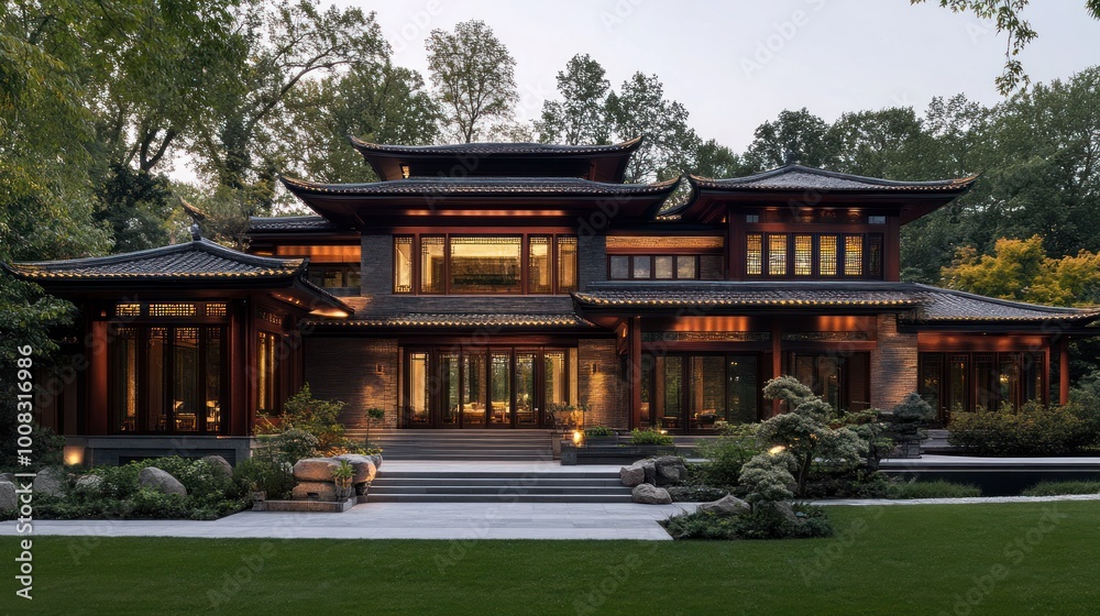 A modern Chinese-style home with a beautiful garden and landscaping. A modern Chinese-style home with a beautiful garden and landscaping.