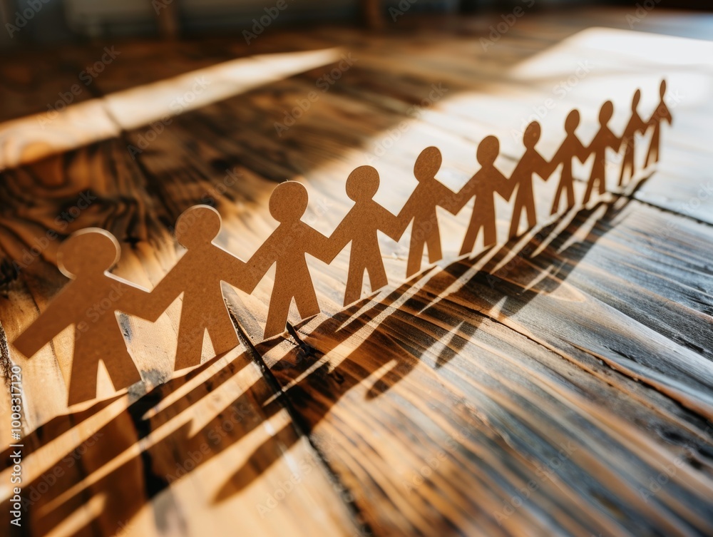Paper people holding hands together in an unbroken chain, casting long shadows on an office table. - ai Paper people holding hands together in an unbroken chain, casting long shadows on an office table. - ai
