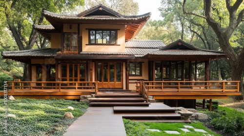 A modern wooden house with a traditional Japanese design, featuring a large porch, wooden deck, and steps leading up to the entrance. The house is surrounded by lush greenery.